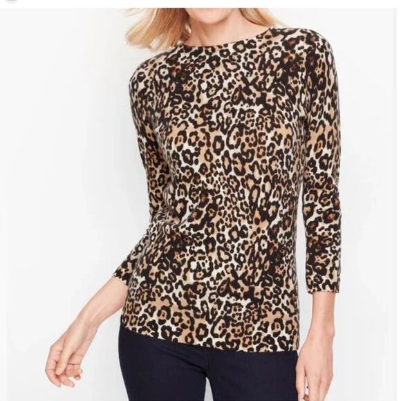 Talbots Womens Cashmere Sweater Size XS Leopard Animal Print Classic Preppy Work - Picture 1 of 6